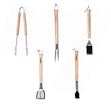 Fackelmann Set de Utensilios Barbacoa | Kit de Pinzas, Tenedor, Cepillo, Paleta y Pincel Especiales para Barbacoa, Mango de Madera y Parte Funcional de Acero.