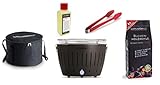 LotusGrill - Juego de iniciación de barbacoa de carbón vegetal sin humo: 1 barbacoa con conexión USB de color gris antracita, 1 paquete de carbón de haya de 1 kg, 1 líquido combustible de 200 ml, 1 pinza para salchichas (color según existencias), 1 bolsa de transporte