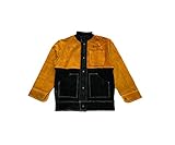 ELCAN Chaqueta de soldadura profesional de cuero amarillo y negro ignífugo resistente al calor, ropa de trabajo para soldar electrodo, TIG, MIG, MAG, barbacoas, chimeneas, hornos… (Talla XL)