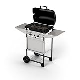 Campingaz Expert Plus Barbacoa gas piedra volcanica, parrilla gas con dos quemadores compactos, 7 kW de potencia, parrilla de acero y mesas laterales, Color Negro, Gris