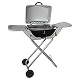 DRULINE 2in1 50mbar - Parrilla de Gas Barbacoa Mesa - Resistido con Tapa Y Pie Base ,Plegable, 2 Ruedas, BBQ - Standgasgrill - Camping Plegable - para Balcón Fiestas - Plata/Negro