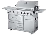 METRO Professional Barbacoa de gas, acero inoxidable, 182 x 66 x 125 cm, 7 quemadores, mesas laterales, con ruedas, plata