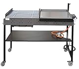 Barbacoa de Gas y Carbón Portátil con Plancha de Acero Inoxidable y Parrilla con Cincado Homologado | Asador Profesional de Doble Altura 1.450x1000x570 MMS | Incluye Paellero, Regulador y Manguera.