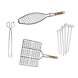 Fackelmann Set de Utensilios Barbacoa | Parrilla de Carne Reversible, Parrilla de Pescado Reversible, Tenacillas de Cocina de 40 cm, Brochetas de Acero de 35 cm