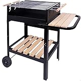 AKTIVE 52975 - Barbacoa carbón y leña de doble parrilla 100.5 x 40 x 88.5 cm, 3 alturas regulables, 2 ruedas incorporadas para fácil transporte, acabados en metal esmaltado y madera