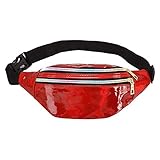 Mujeres de Moda Riñoneras Deportivas, Morbuy Impermeables Plegable Brillante Holograma Bolsas de Cintura Bolsillos de Cremallera Correa Ajustable para Running Fiestas (30 * 12 * 13,Rojo)