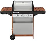 Barbacoa de gas Campingaz 3 Series Woody LX con 3 quemadores de acero inoxidable y bandejas laterales plegables de madera, barbacoa de pie con tapa y termómetro, sistema de limpieza InstaClean