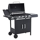 Outsunny Barbacoa de Gas con 5 Quemadores de Acero Inoxidable 14,4 KW Fogón y Parrilla con Tapa y Ruedas 125x51x100 cm Negro