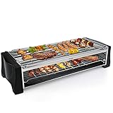 HengBo Barbacoa Eléctrica Sin Humo, Barbacoa de Mesa de Doble Capa Parrilla Barbacoa con Bandeja de Goteo, Termostato Ajustable, Superficie 46,5 x 20,5 cm, 2200W, Negro