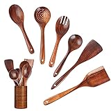 Juego de 7 cucharas de madera para cocinar InnoStrive Nature Teak antiadherente utensilios de madera, espátulas de madera y cucharas con soporte