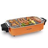 HengBo Barbacoa Eléctrica Sin Humo, Parrilla Barbacoa Electrica Desmontable con Bandeja de Goteo, Superficie de Cocción 38 x 24 cm, para 5 Personas, 1800W, Naranja