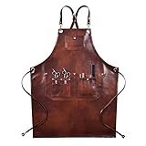 Delantal Peluqueria Profesional Delantal Barbacoa Hombre Delantal Cocina Mujer Ajustable con Bolsillos Imitación De Cuero Impermeable Para Peluquerías Talleres Artesanales Garaje Cerámica,marrón