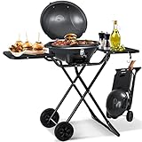 KESSER® Barbacoa eléctrica eléctrica 2 en 1 – Barbacoa de pie con tapa y soporte, máx. 2400 W, plegable, termómetro, revestimiento antiadherente, 2 ruedas, color negro