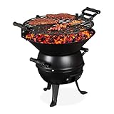 Relaxdays Barbacoa Pequeña Carbón, Hierro Fundido y Acero, Altura Regulable, Portátil, Parrilla 35 cm Ø, Camping, Negro