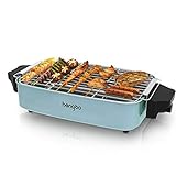 Barbacoa Éléctrica Parrilla BBQ Grill Electrico Sin Humo de Mesa con Bandeja Grasa para Exterior Interior, Temperatura AjustableRecoge, 1800W- Azul