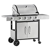 Outsunny Barbacoa de Gas con 4+1 Quemadores 15,2 KW Parilla de Gas BBQ de Acero con Termómetro 2 Mesas Laterales Armario de 2 Puertas y Ruedas con Frenos 128x50x113 cm Plata