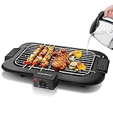 Aigostar Tasty - Grill sin humo, plancha de asar, barbacoa eléctrica para interiores, 2000W, tamaño compacto, uso con agua: evita manchas y humo, bandeja recoge grasa, termostato.