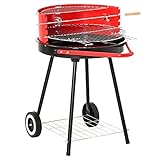 Outsunny Parilla para Barbacoa de Carbón con Rejilla a Diferentes Alturas Parilla de Calentamiento con Estante Redondo para Almacenaje 51x70x75,5 cm Rojo y Negro