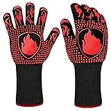 Guantes Barbacoa, Guantes para Horno Resistentes al Calor hasta 800℃ / 1472℉ para Cocina, Parrilla, Hornear, Microondas - certificación EN407(1 Par) (Rojo)