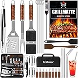 Grilliance Utensilios para Barbacoa de 30 Piezas, Kit de Accesorios para Parrilla de Acero Inoxidable para Hombres, Juego de Herramientas Profesionales para Parrilla con Bolsa de Transporte, marrón