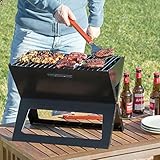 BricoLoco.com Barbacoa portátil carbón plegable pequeña. Con rejilla para carbón y parrilla para alimentos. Ideal para camping, terraza, acampada, patio o jardín