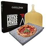 CUORE LAVICO - Kit de placa refractaria de piedra volcánica y etnea para pizza 39 x 30 x 2 cm + pala, horno de gas, eléctrico y barbacoa para pan y pinzas - Fabricado en Italia