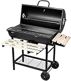 SunJas Barbacoas de Carbón Parrilla con Ruedas para Jardín Exterior BBQ con Soportes Facil Movimiento, con 2 Estantes de Madera Plegable para Almacenar Comidas, 101×70.5×94.5CM