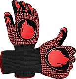 Guantes Barbacoa, Guantes para Horno Resistentes al Calor hasta 800℃ / 1472℉ para Cocina, Parrilla, Hornear, Microondas - certificación EN407(1 Par) (Rojo)