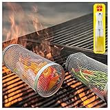 Starensky Parrilla Barbacoa Giratoria, Ccesorios Barbacoa De Obra Cesta De Verduras A La Parrilla, Cesta para Verduras para Todo Tipo De Barbacoas (Viene con Un Rociador De Aceite De 300ml),3pcs