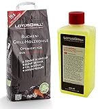 LotusGrill - Saco de carbón vegetal de haya de 2,5 kg, incluye pasta combustible LotusGrill de 500 ml, ambos diseñados para cocinar sin humo con la barbacoa LotusGrill