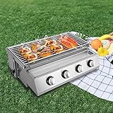 Libre de humo 4 quemadores LPG Gas BBQ Grill sin humo Acero inoxidable Cocina lateral Barbacoa Mesa Altura Ajustable para Picnic Jardín Viajes 58 x 40 x 20 cm